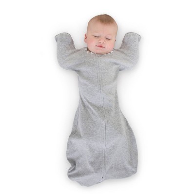 Transitional Swaddle Sack with Arms Up Half-Length Sleeves and Mitten Cuffs Wearable Blanket - Heathered Gray with Stripe Trim 3-6 Months