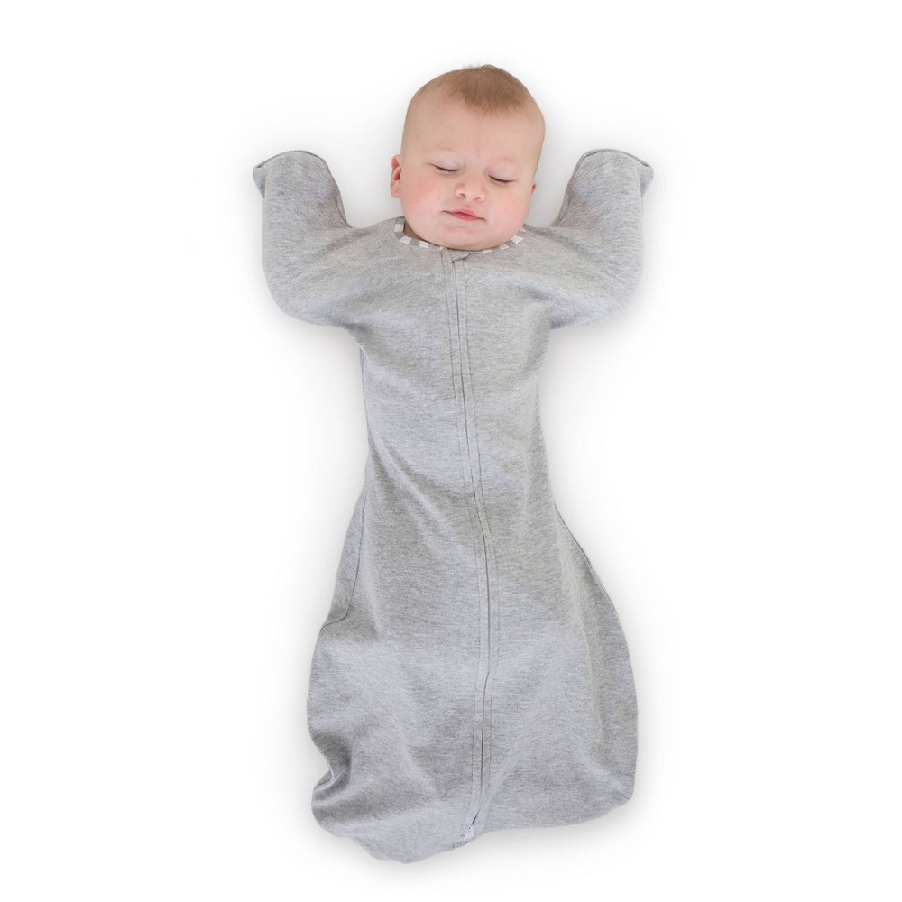 Transitional Swaddle Sack with Arms Up Half-Length Sleeves and Mitten Cuffs Wearable Blanket - Heathered Gray with Stripe Trim 3-6 Months -  SwaddleDesigns, 79634866