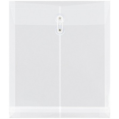 JAM Paper Plastic Envelopes with Button and String Tie Closure, Letter Open End, 9 3/4'' x 11 3/4'', Clear Poly, 12pk