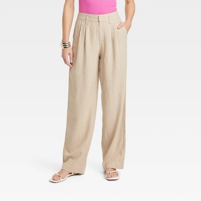 Women's High-Rise Linen Pleat Front Straight Pants - A New Day™ Tan 12