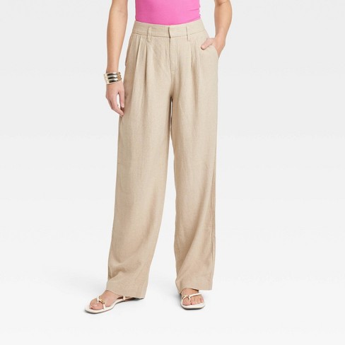 Women's High-rise Linen Pleat Front Straight Pants - A New Day™ Tan 12 :  Target