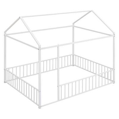 Bellemave Full Size Montessori Floor Bed, Metal House Bed Frame, House Floor Bed for Kids, Montessori Floor Bed with Fence, Playhouse for Kids,White