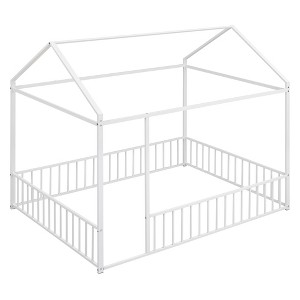 Bellemave Full Size Montessori Floor Bed, Metal House Bed Frame, House Floor Bed for Kids, Montessori Floor Bed with Fence, Playhouse for Kids,White - 1 of 3