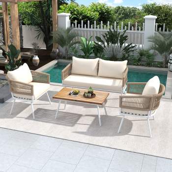 4-Piece Woven Rope Patio Small Space Chat Sets with Acacia Wood Table, Deep Seating & Thick Cushion - Maison Boucle