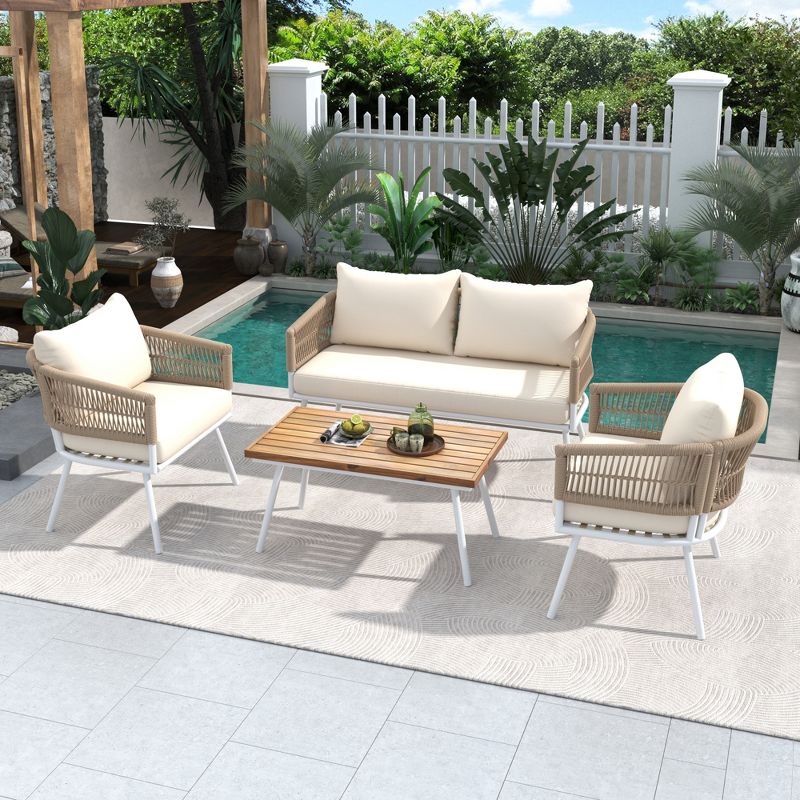 4-Piece Woven Rope Patio Small Space Chat Sets with Acacia Wood Table, Deep Seating & Thick Cushion - Maison Boucle, 1 of 10