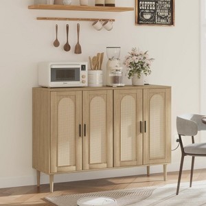 Rattan Sideboard Buffet Cabinet, 4 Doors Accent Storage Cabinet, Console Table Coffee Bar with Power Outlet, Adjustable Shelves - 1 of 4