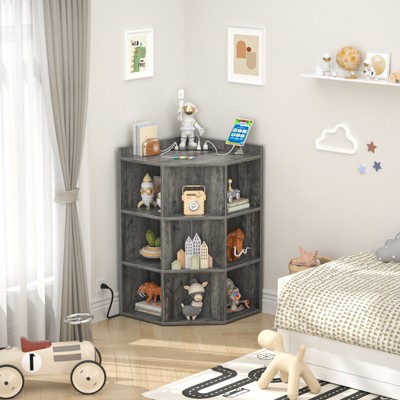 Aheaplus Corner Storage Shelves with Charging Station, Wooden Bookshelf with 9 Cubes