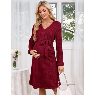 WhizMax Women Maternity Dress Rib Knit V Neck Lantern Long Sleeve Pregnancy Dresses with belt for Baby Shower Photoshoot
