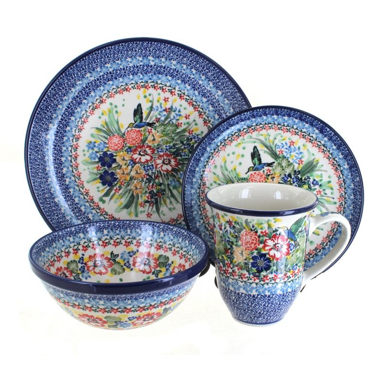 Blue Rose Polish Pottery Hummingbird 4 Piece Place Setting - Service for 1 - with Large Coffee Mug, 1 of 2