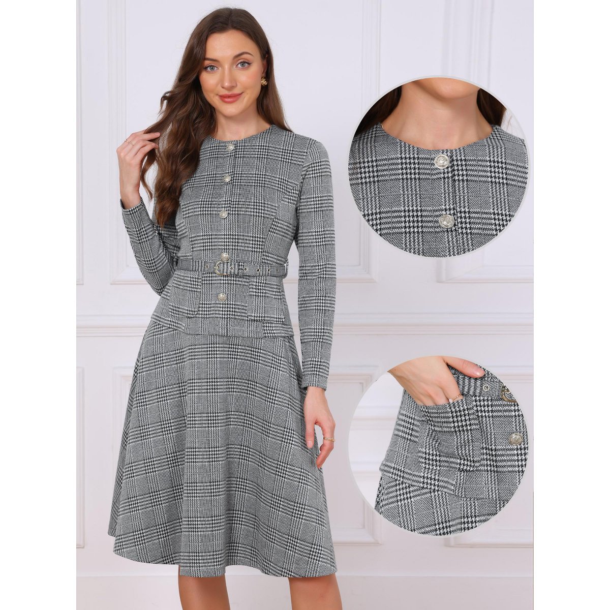 Женские платья INSPIRE CHIC Women's Vintage Long Sleeve Crew Neck A Line Houndstooth Work Belt Dress Large Black White — фото 2
