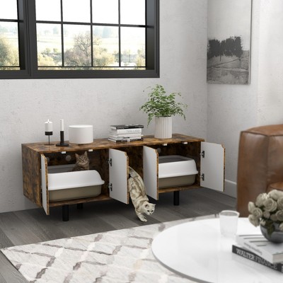 Rustic Brown and White Cat Litter Box Enclosure TV Stand