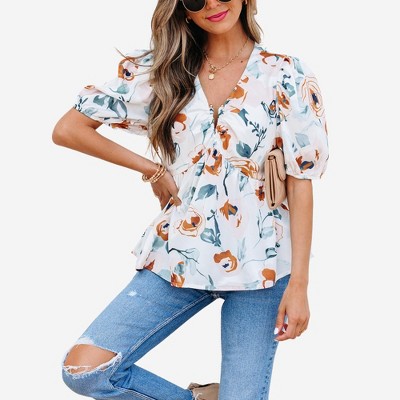 Amaryllis Women’s Puff Sleeve Smocked Waist Square Neck Printed Top with Ruffle Trim Flowy Hem