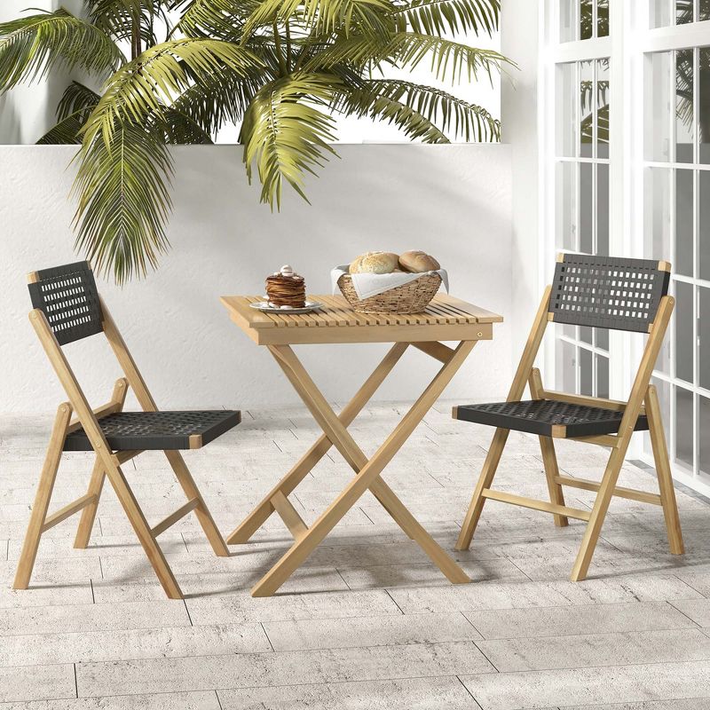 Costway 2/4 Piece Patio Folding Chairs with Woven Rope Seat & High Back Indonesia Teak Wood for Porch Natural&Black, 2 of 9