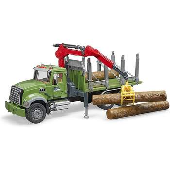 Bruder Mack Granite Timber Logging Truck with Loading Crane and 3 Tree Trunk Logs