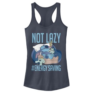 Juniors Womens Lilo & Stitch Not Lazy, Saving Energy Racerback Tank Top - 1 of 4