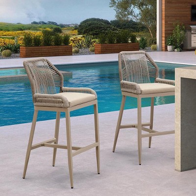 PURPLE LEAF Patio Sunbrella Bar Stools Set of 2 Handwoven Wicker Bar Height Stool Modern Aluminum Outdoor Wicker Barstools with Back and Cushion