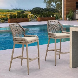 PURPLE LEAF Patio Sunbrella Bar Stools Set of 2 Handwoven Wicker Bar Height Stool Modern Aluminum Outdoor Wicker Barstools with Back and Cushion - 1 of 4