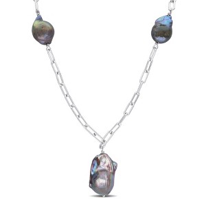 EVERLY JEWELRY |Silver Grey Cultured Freshwater Baroque Pearl Lariat Necklace with Paperclip Link Chain - 20 inch - Multi Metal Color Option - 1 of 4