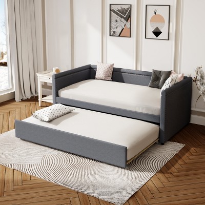 Twin Size Upholstered Daybed with Trundle and Nailhead-Trimmed Arms, Beige/Gray/Pink-ModernLuxe