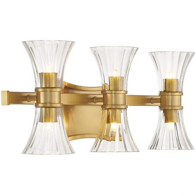 Warm Brass 6-Light Vanity with Clear Ribbed Glass Shades