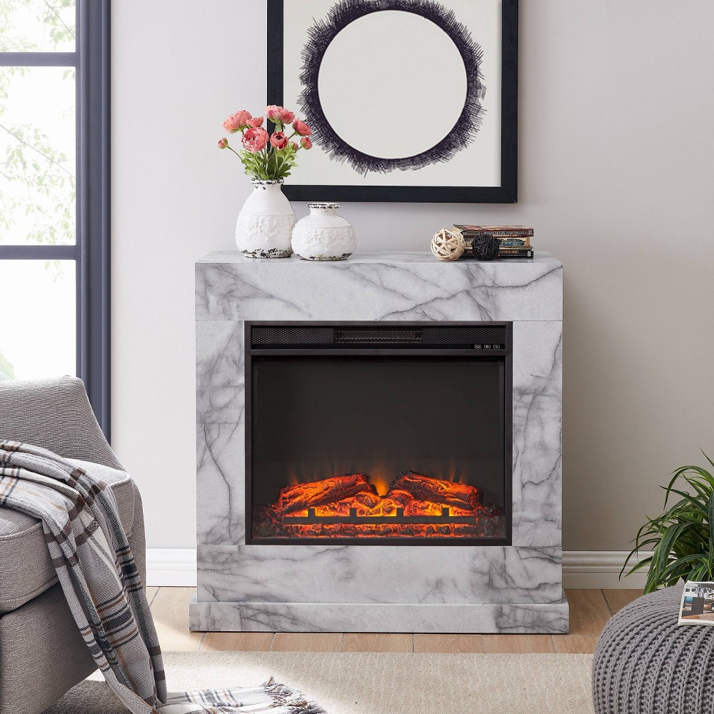 Photos - Electric Fireplace Dridun Faux Marble Value Edition Fireplace White/Gray - Aiden Lane