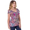 24seven Comfort Apparel Womens Cap Sleeve Pink Paisley Print Ruffle V Neck Top - 2 of 4
