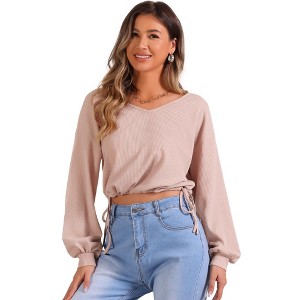Allegra K Women's Drawstring Hem Waffle Knit Casual Long Sleeve V Neck Tops - 1 of 4