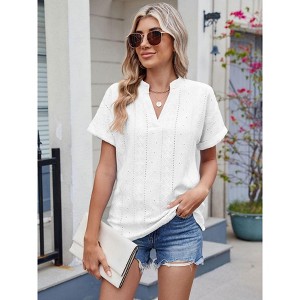 Summer Tops for Women 2025 Short Sleeve V Neck Dressy Lace Eyelet Blouses Shirts - 1 of 4