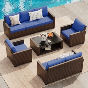5-Piece Outdoor Patio Furniture Set, 7-Seater Rattan Wicker Patio Conversation Sets with Coffee Table, Outdoor Sectional Patio Sofa Set - 1 of 4