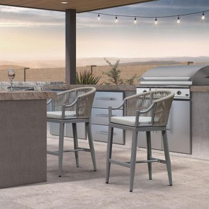 PURPLE LEAF Outdoor Bar Stools Set of 2 Patio Wicker Modern High Bar Chairs Metal Cushioned Barstools with Backs and Ergonomic Armrest - 1 of 1