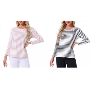 INSPIRE CHIC Women's 2 Pcs Cotton Contrast Stripe Pullover Top Long-Sleeve Lounge Pajama Blouse - 1 of 4