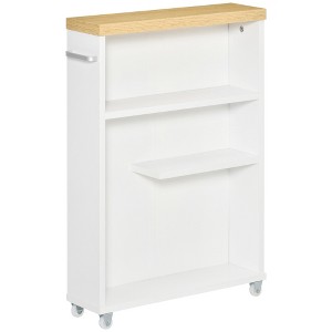kleankin Slim Bathroom Cabinet with Castor Wheels Storage Organizer and Wood Shelves To Fit In Small Spaces, White - 1 of 4