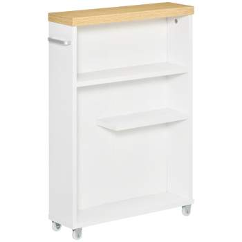 kleankin Slim Bathroom Cabinet with Castor Wheels Storage Organizer and Wood Shelves To Fit In Small Spaces, White