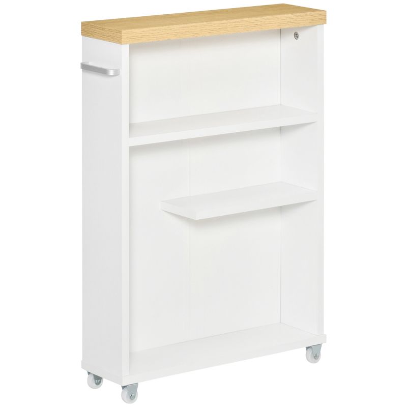 kleankin Slim Bathroom Cabinet with Castor Wheels Storage Organizer and Wood Shelves To Fit In Small Spaces, White, 1 of 9