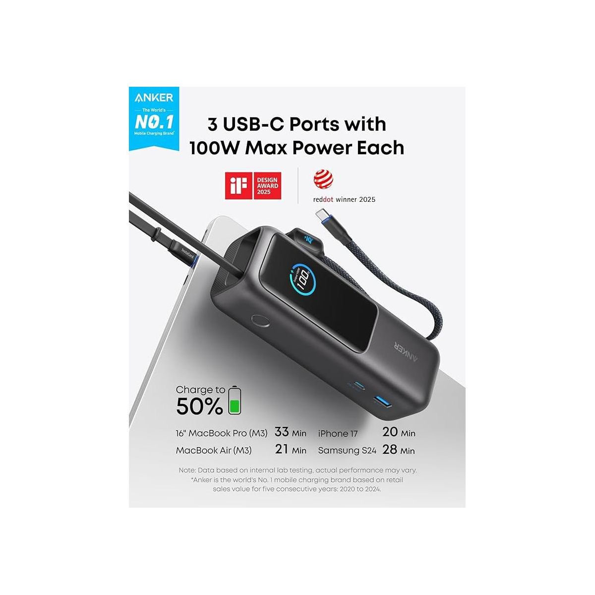 Anker Laptop Power Bank, 25,000mAh Portable Charger with Triple 100W USB-C Ports, Flight-Approved for Travel, iPhone 17/16 Series - thumbnail 2