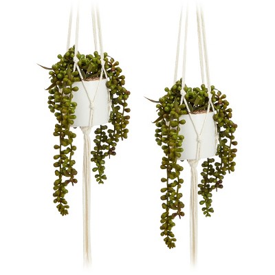 Juvale 2 Pack Hanging Artificial String of Pearls with Ceramic Pot Macrame Hanger, Faux Fake Plant for Wall Decor, 31 in