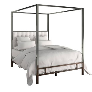 Full Manhattan Black Nickel Canopy Bed with Biscuit Tufted Headboard White - Inspire Q