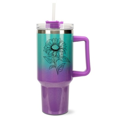 Elanze Designs 40 Ounce Ombre Travel Tumbler With Straw and Lid Stainless Steel Double Wall Insulated Joyful Sunflower Teal and Purple Glitter