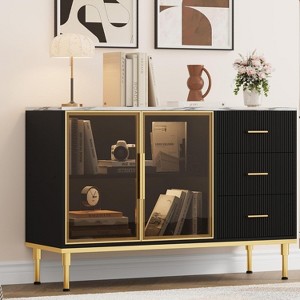 Jojoka Fluted Sideboards Buffets Cabinet with Glass Doors,Black - 1 of 4