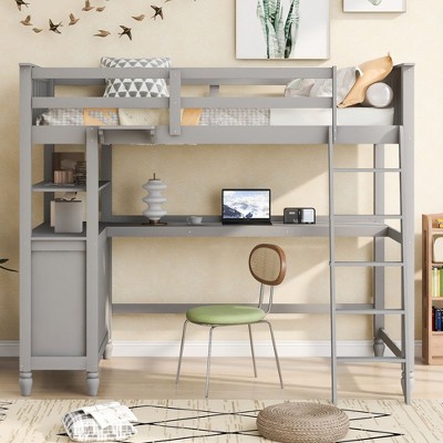 NicBex Twin Size Bunk Bed with Desk Loft Bed Pine Bed Frame with 3 Drawers, Shelves, Inclined Ladder and Guardrail, No Box Spring Required