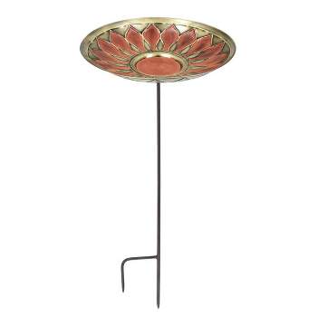 40" Brass Red African Daisy Birdbath with Stake Antique and Patina Finish - Achla Designs
