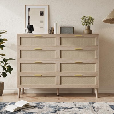 Rattan Dresser for Bedroom, Natural Dresser with Gold Metal Handles