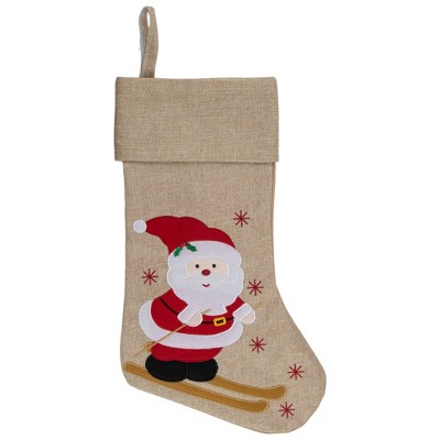 Northlight 19" Burlap Skiing Santa With Poles and Snowflakes Christmas Stocking