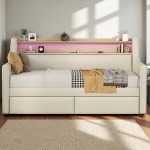Twin Size Upholstered Daybed with Storage Drawers, PU Leather Sofa Bed with LED Lights, Charging Station & Headboard Storage for Bedroom - 1 of 4