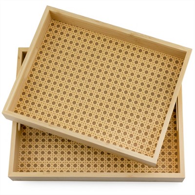 Auldhome Design-Rattan Serving Trays, Ottoman Breakfast Trays with Wooden Frame Set of 2