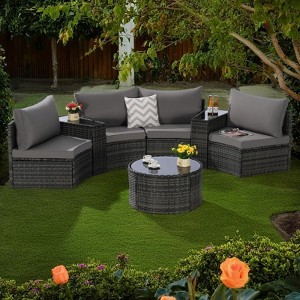 7-Piece Outdoor Patio Half-Moon Sectional Sofa Set with Tempered Glass Coffee Table - 1 of 4
