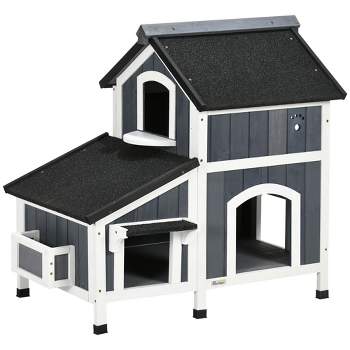 PawHut Outdoor Cat House with Weather-resistant Roof & Garden Bed, Outdoor Cat Shelter Enclosure with Multiple Entrances, Cat Furniture Hideout, Gray