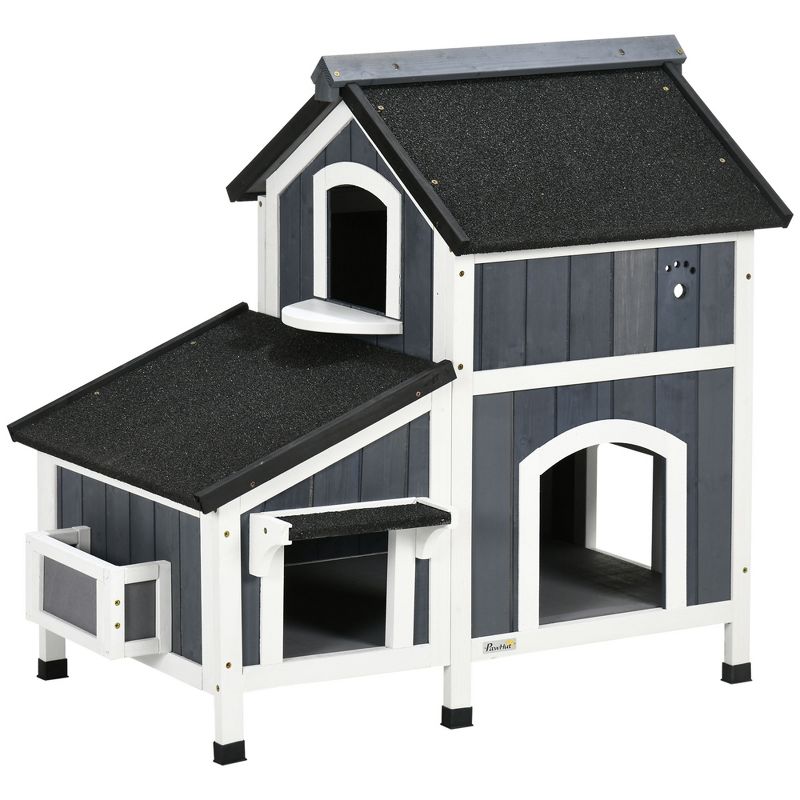PawHut Outdoor Cat House with Weather-resistant Roof & Garden Bed, Outdoor Cat Shelter Enclosure with Multiple Entrances, Cat Furniture Hideout, Gray, 1 of 7