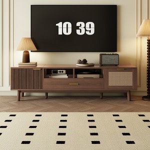 66.9" MDF TV Stand with Rattan Drawer and oft-Closing Doors, Drop-Down Cabinet and Solid Wood Legs - 1 of 4