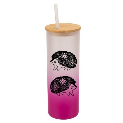 Elanze Designs Woodland Floral Hedgehog Pink Frosted Gradient Glass Tumbler with Bamboo Lid & Straw 25 ounce Reusable Iced Coffee or Water Cup,